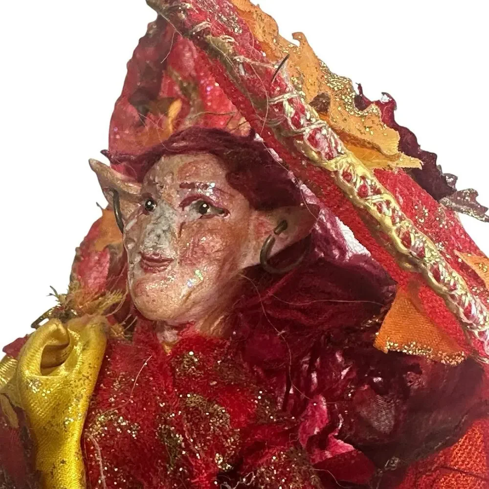 Handmade Fairy Art Doll Red Gold Leaves Wings Whimsical Pixie Fantasy Damaged